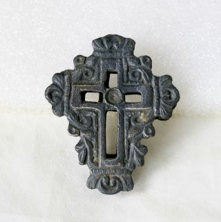 Ancient Medieval Byzantine Orthodox Ornate Bronze Travel Double Cross Pendant 2a photo
