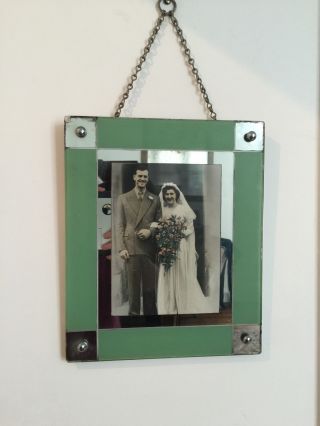 Art Deco Green Glass Mirrored Picture Frame On Chain photo