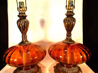 2 Mid Century Modern Ef & Ef Industries Amber Art Glass Lamps Lights Nightlight photo