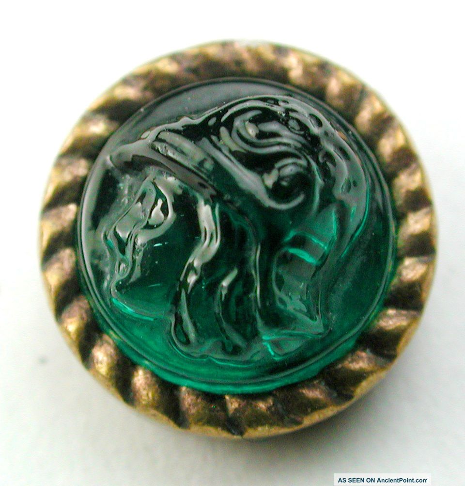 Antique Glass In Metal Button Green Soldiers Head In Brass - 3/8 Inch Buttons photo