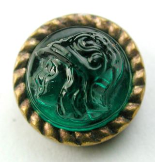 Antique Glass In Metal Button Green Soldiers Head In Brass - 3/8 Inch photo