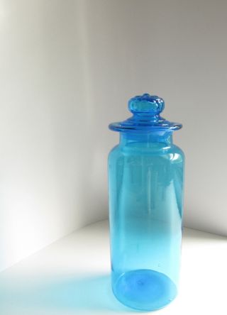 Antique Blue Glass Handblown Large Apothecary Candy Jar Ground Lid General Store photo