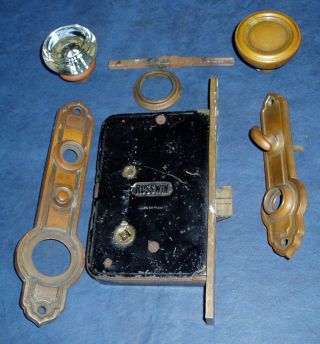 Vintage Russwin Brass Entry Door Lockset Knobs Plates photo