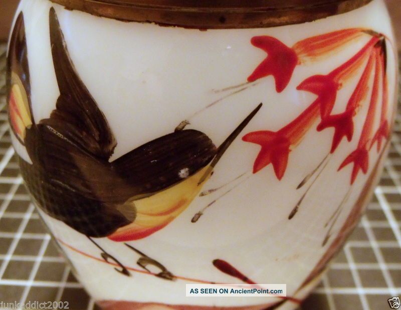 Antique Milk Glass Lidded Sugar Bowl - Lovely Hand Painted Bird & Flowers Other Antique Glass photo