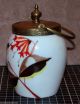 Antique Milk Glass Lidded Sugar Bowl - Lovely Hand Painted Bird & Flowers Other Antique Glass photo 1
