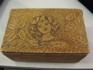 Antique Pyrography Burnt Wood Flemish Art Wooden Box Girl In Holly photo