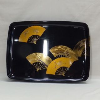 E940: Japanese Old Lacquer Ware Big Tray With Fanastic Refined Makie Of Fan photo