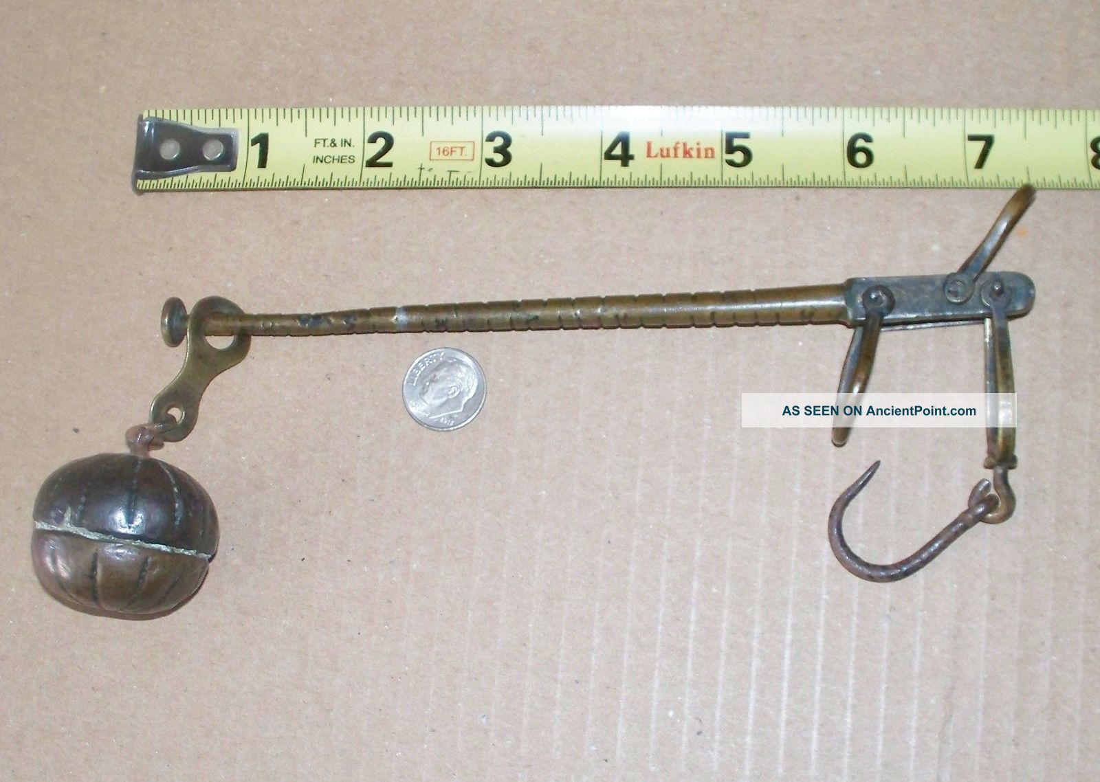 Antique Mini Brass Trade Scale Salesman Sample Jeweler Hanging Hook Balance Beam Scales photo