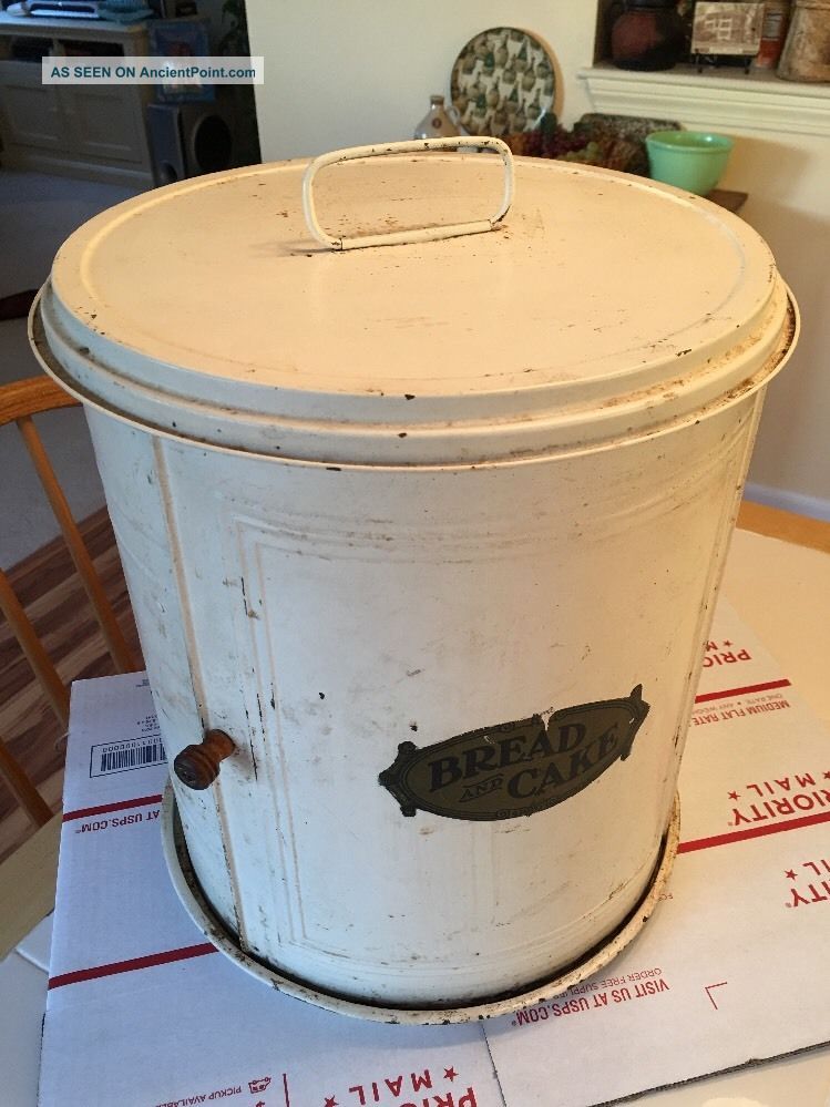 Round Antique Bread Cake Pie Safe Canister Tin Container Sliding Door Rare Primitives photo