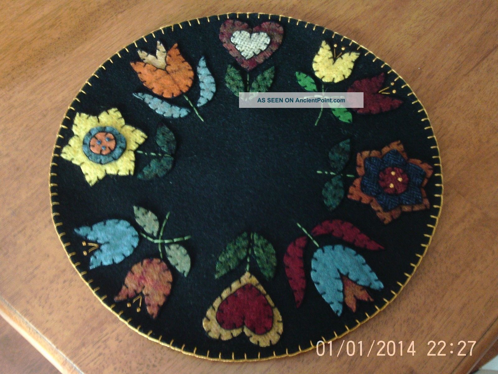 Handmade Penny Rug Candle Mat 12 Inch Fraktur Inspired Flowers Primitives photo
