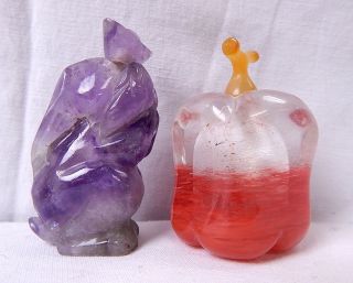 2 Tanzanite Or Fluorite Rabbit Carnelian Apple Antique Chinese Snuff Bottles photo