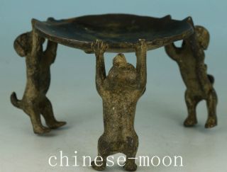 Chinese Old Bronze Handmade Carved Three Dog Collect Statue Lampstand Oil Lamp photo