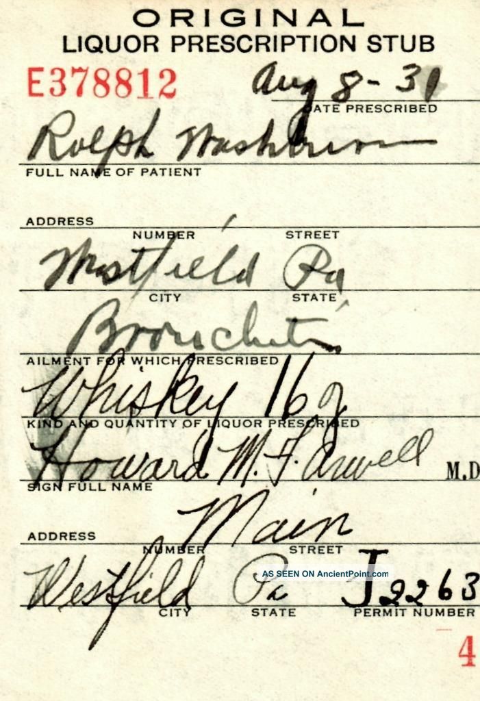 Prohibition Whiskey Bronchitis Antique Prescription Pharmacy Doctor Stub Pa 8/8 Other Medical Antiques photo