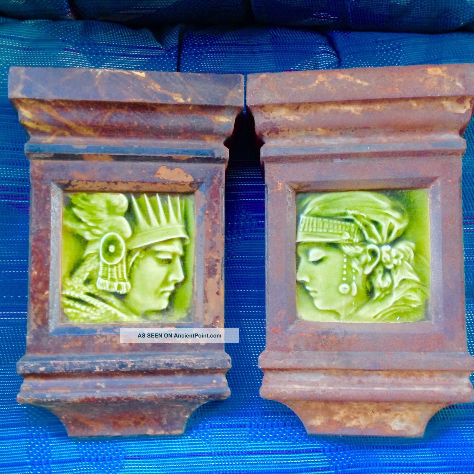 Pair Antique Cast Iron Mantle Keystone Green Majolica Trent Potrait Tiles Tiles photo