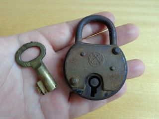 Vtg Old Rare German Navy Metal Padlock Door Lock Key Two Anchors Logo photo