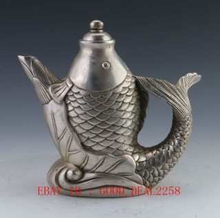 Collectible Decorated Old Handwork Tibet Silver Carved Big Fish Tea Pot photo