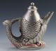 Collectible Decorated Old Handwork Tibet Silver Carved Big Fish Tea Pot Teapots photo 4