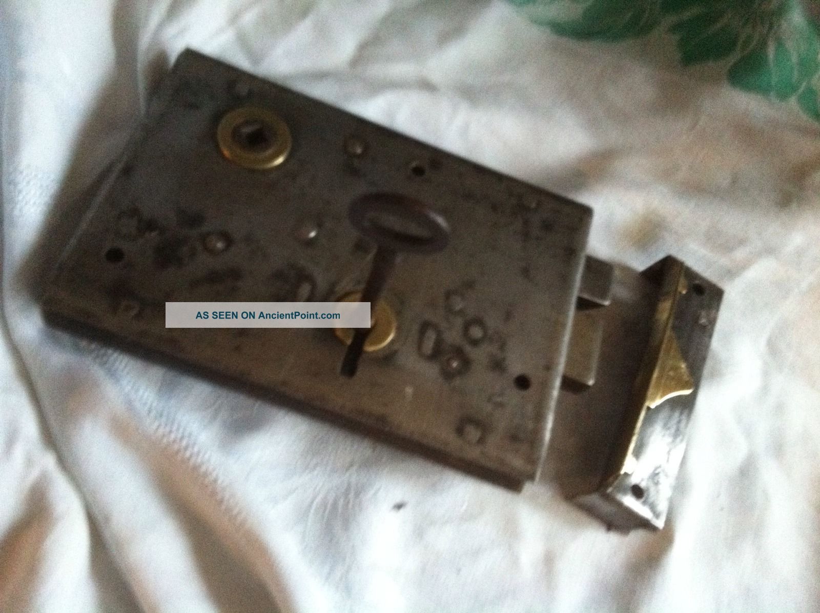 Large Antique Polished Cast Iron/iron Door Lock Complete With Key And Keeper Locks & Keys photo