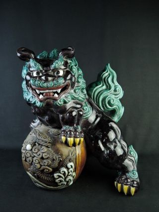 B9302:japanese Old Kutani - Ware Colored Dragon Sculpture Big Lion Statue photo