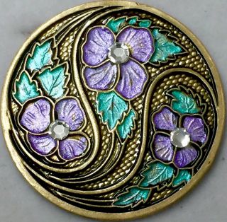 Hand Painted Jewel Picture Button On Stamped Brass Antique&vintage Style 1 1/4 