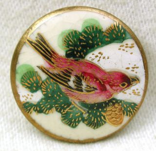 Antique Satsuma Button Detailed Sparrow Bird On Pine Branch W Pine Cone 15/16 