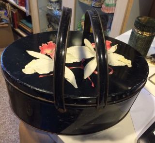 Vtg Black Metal Tin Basket Oval Floral Orchid Sewing Flower W Needlpoint Thread photo