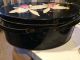 Vtg Black Metal Tin Basket Oval Floral Orchid Sewing Flower W Needlpoint Thread Metalware photo 2