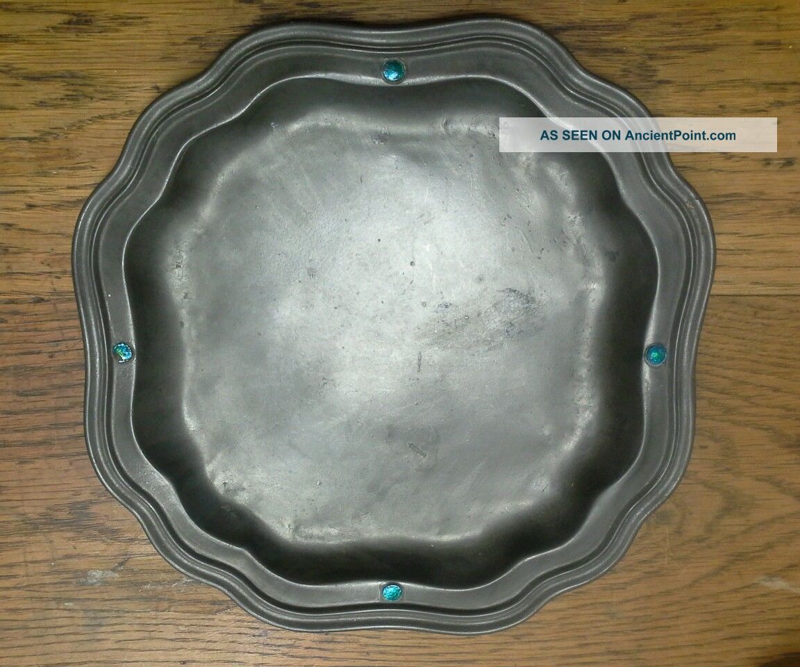 Antique Liberty Pewter Tray With Four Peacock Blue Enamels 01009,  27cm Diameter Arts & Crafts Movement photo