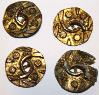 Vintage Primitive 19th Century Embossed Brass Buttons With Applied Shank photo