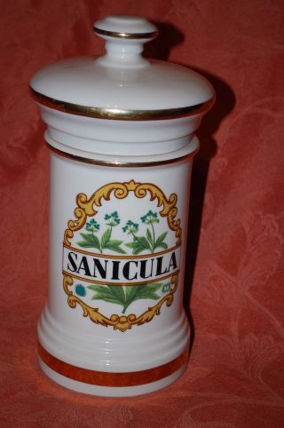 Vintage Hand Painted Apothecary Sanicula White Porcelain Jar Canister Gold Trim photo