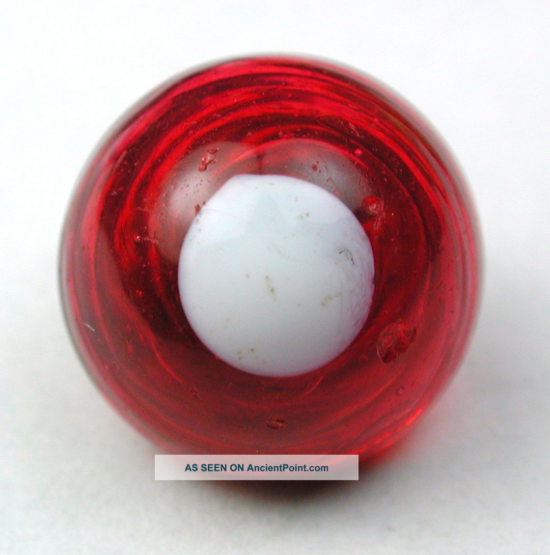 Antique Glass Charmstring Button Transparent Red Dome W/ White Dot - Swirl Back Buttons photo