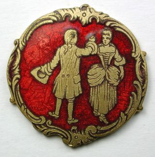 Antique French Enamel Button French Fop Dance Scene W/ Ruby Red Color 1 & 1/8 