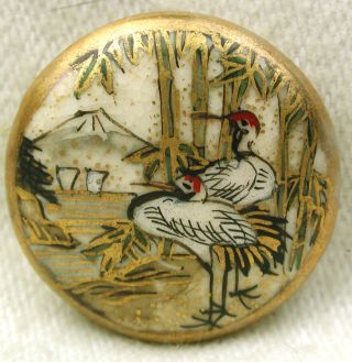 Antique Meiji Satsuma Button Egret Water Birds W/ Fuji And Boats On Lake Scene photo