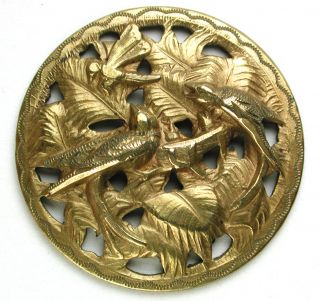 Antique Pierced Brass Button Two Birds Try To Catch Dragonfly Design - 1 & 1/16 