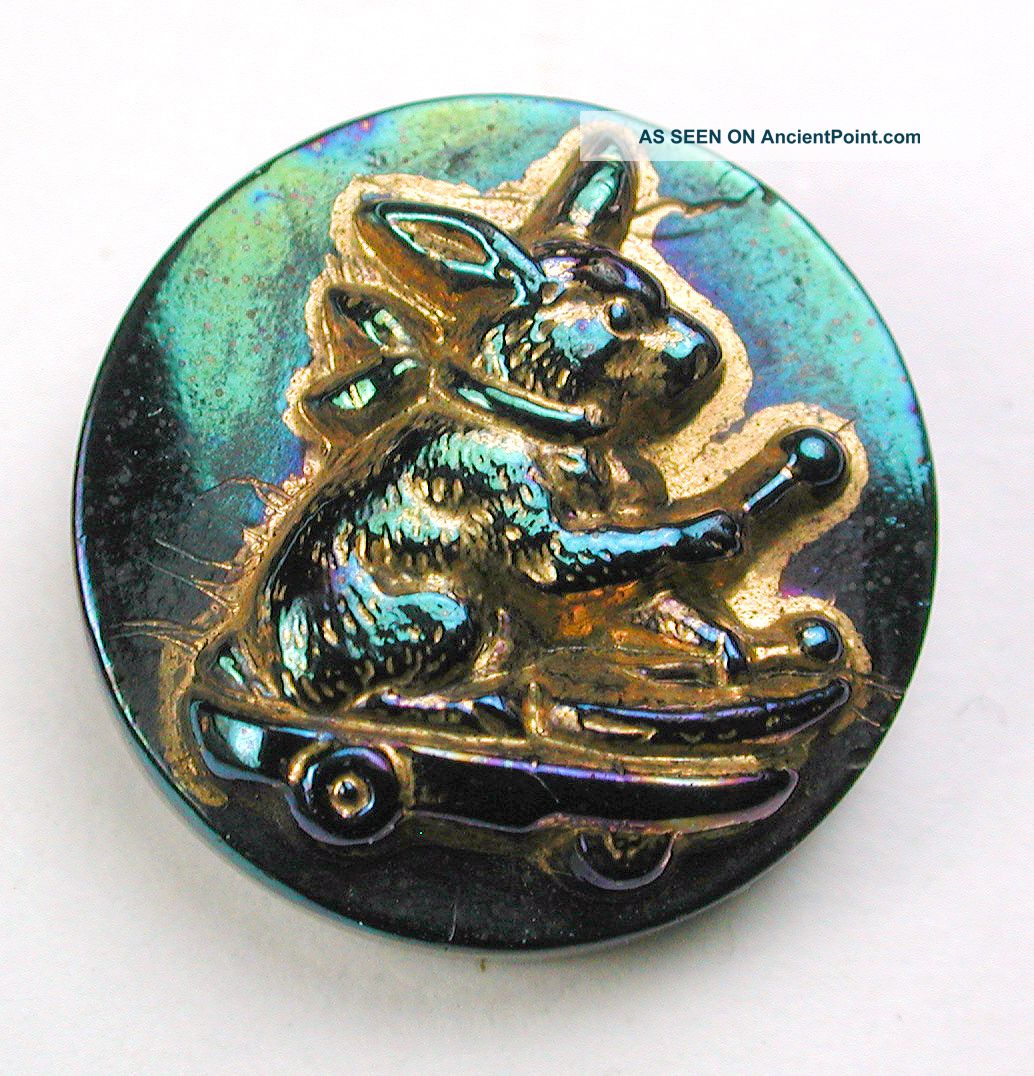 Antique Black Glass Button Toy Rabbit Playing Drum W/ Carnival Luster - 11/16 