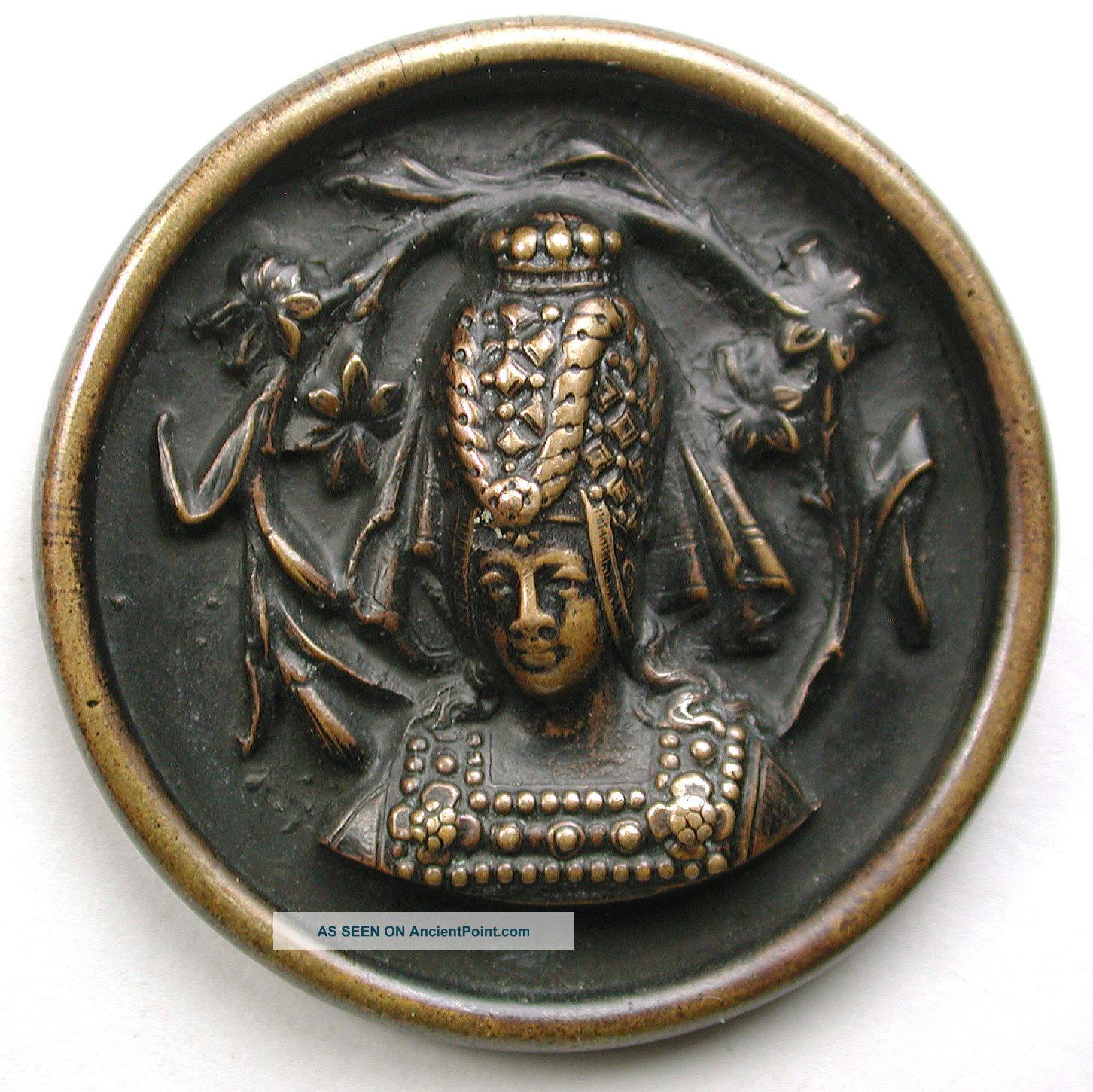 Antique Brass Button Detailed Man Wearing Tall Elaborate Crown - 1 & 5/16 