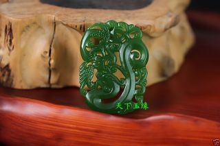 Vibrant China Hand - Carved Green Jade Dragon Phoenix Pendant Necklace Amulet photo