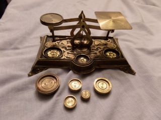 Vintage Balance Scale,  Made In England Includes 5 Weights Brass & Stamped, photo