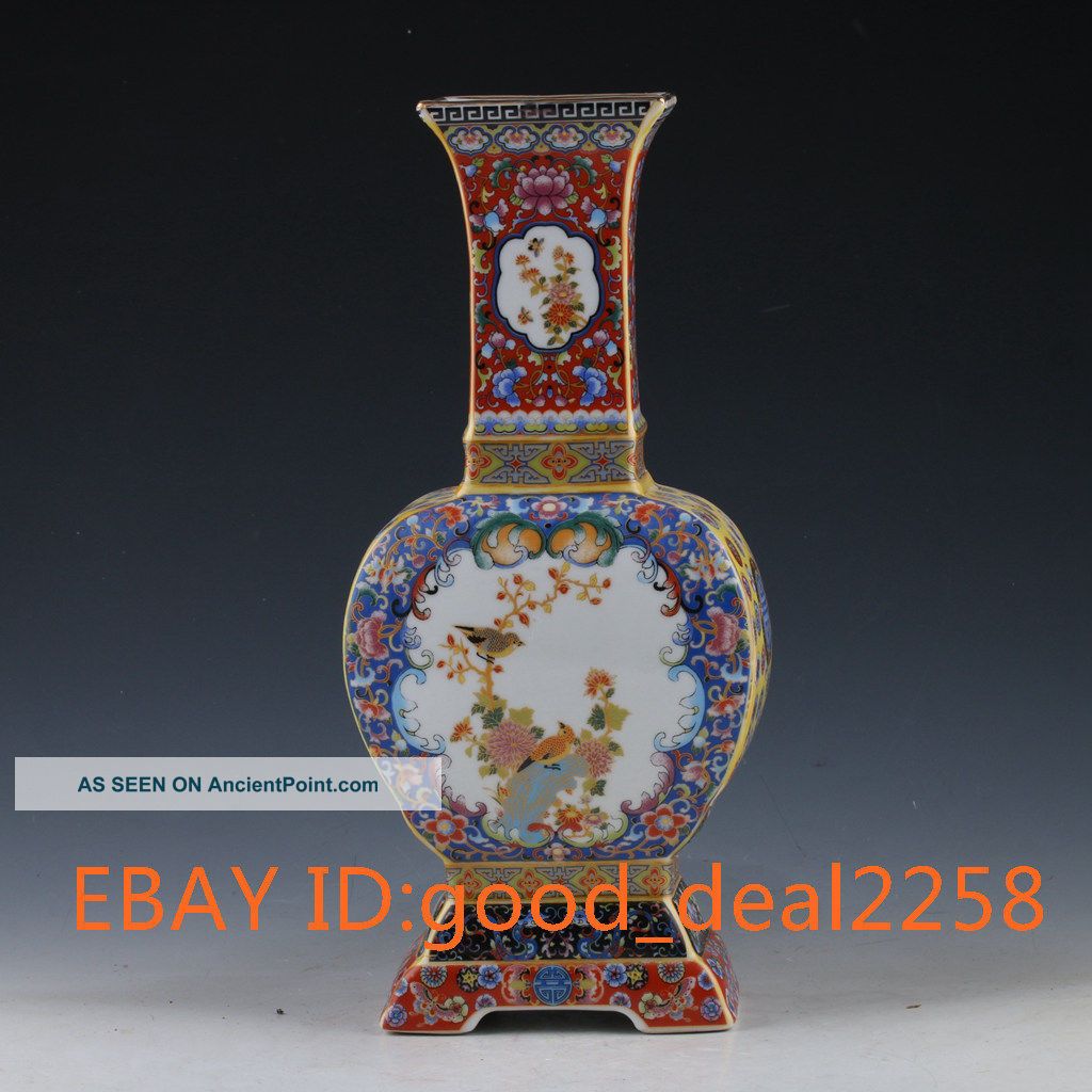 Chinese Handwork Paint Cloisonne Flowers & Birds Porcelain Vase W Yongzheng Mark Vases photo