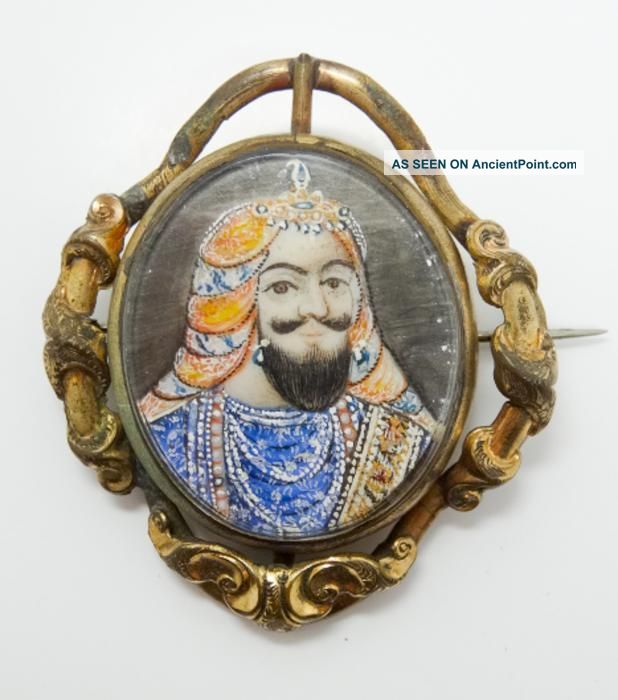 Antique 19c Hand Painted Mughal Miniature Painting Of King Brooch Pin Other Asian Antiques photo