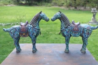 Fine Antique Vintage Pair Chinese Cloisonne Horses Statue Figures Censer photo