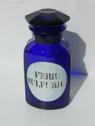 Cobalt Blue Apothecary Pharmacy Facet Crystal Glass Bottle - Ferr Sulfuric photo