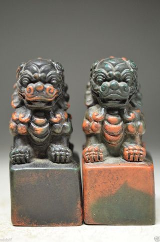 Collectibles Old Rock Stone Hand Carved Auspicious Lion Statues Seal 2 Ss0070 photo