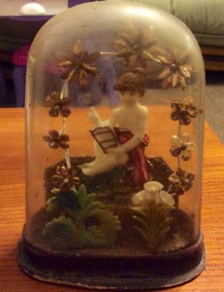 Rare Antique Victorian Glass Domed Diorama With Wax And Wired Figure photo