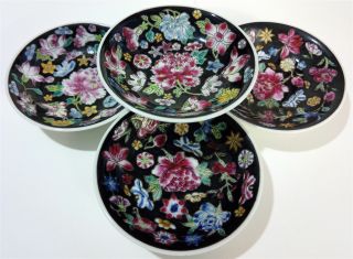 Vtg 4 Chinese Black Thousand Flowers Millefiori Painted Porcelain Side Dip Dish photo