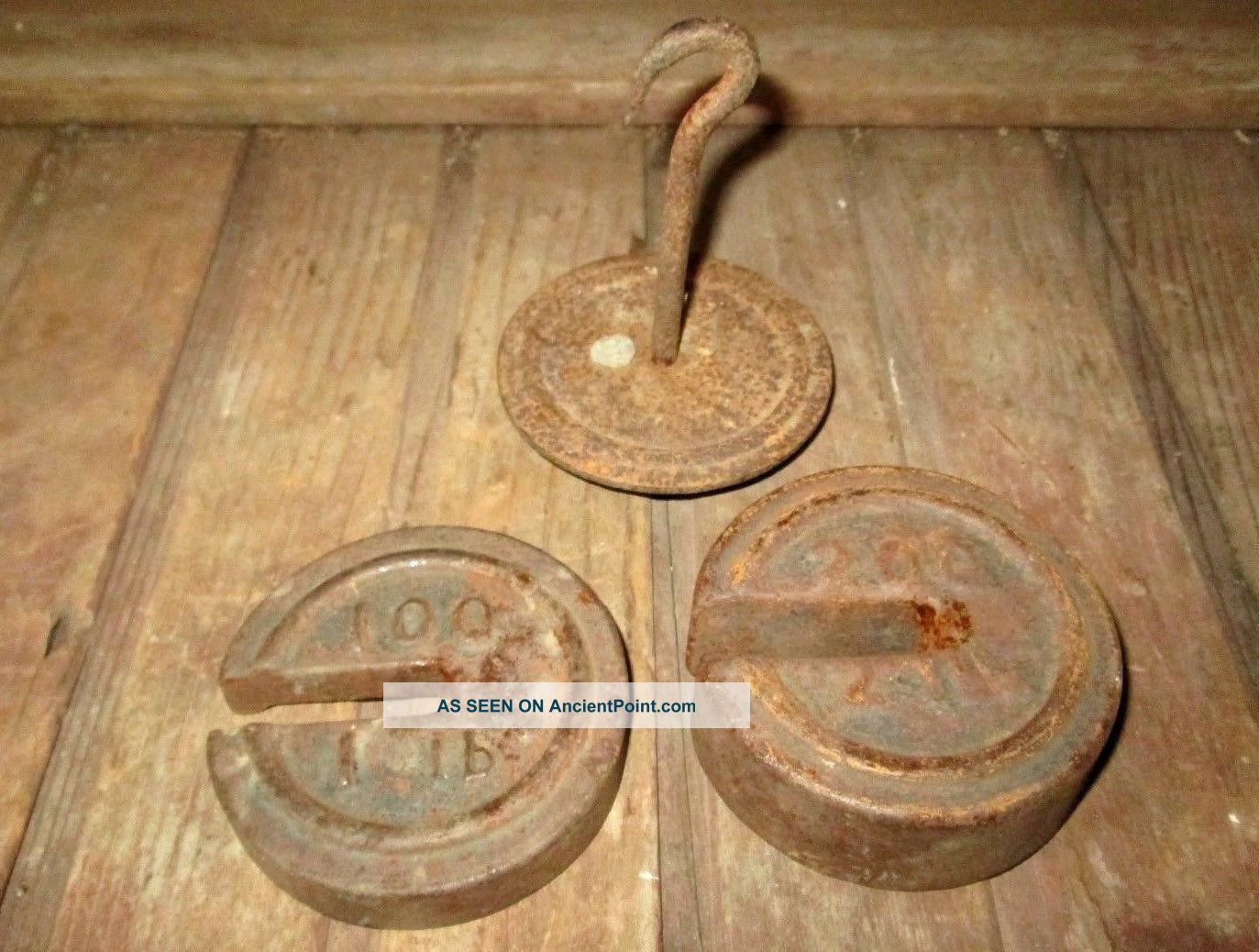 2 Antique Fairbanks Platform Scale Counter Weights & Hanger Farm Scales photo