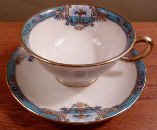 Antique Lenox Fountain Cup And Saucer,  Birds On Fountain,  Flowers,  Blue Band photo