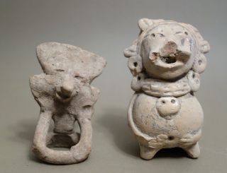 Ancient Pre - Columbian Seated Man & Standing Anthropomorphic Pottery Figure photo