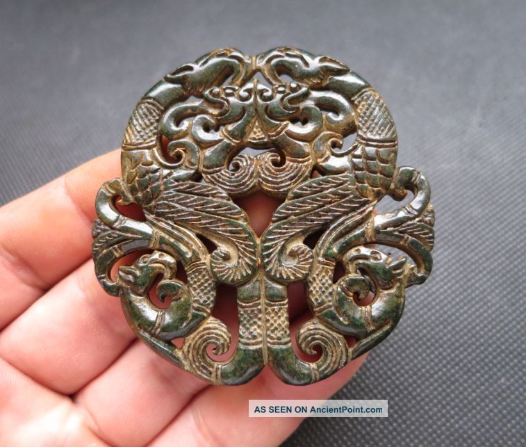 Old Chinese Green Jade Hand - Carved Dragon Phoenix Amulet Pendant B392 Necklaces & Pendants photo