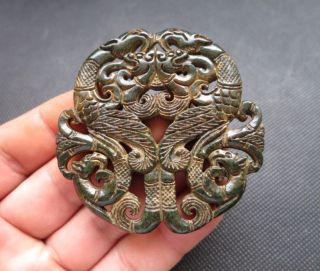 Old Chinese Green Jade Hand - Carved Dragon Phoenix Amulet Pendant B392 photo